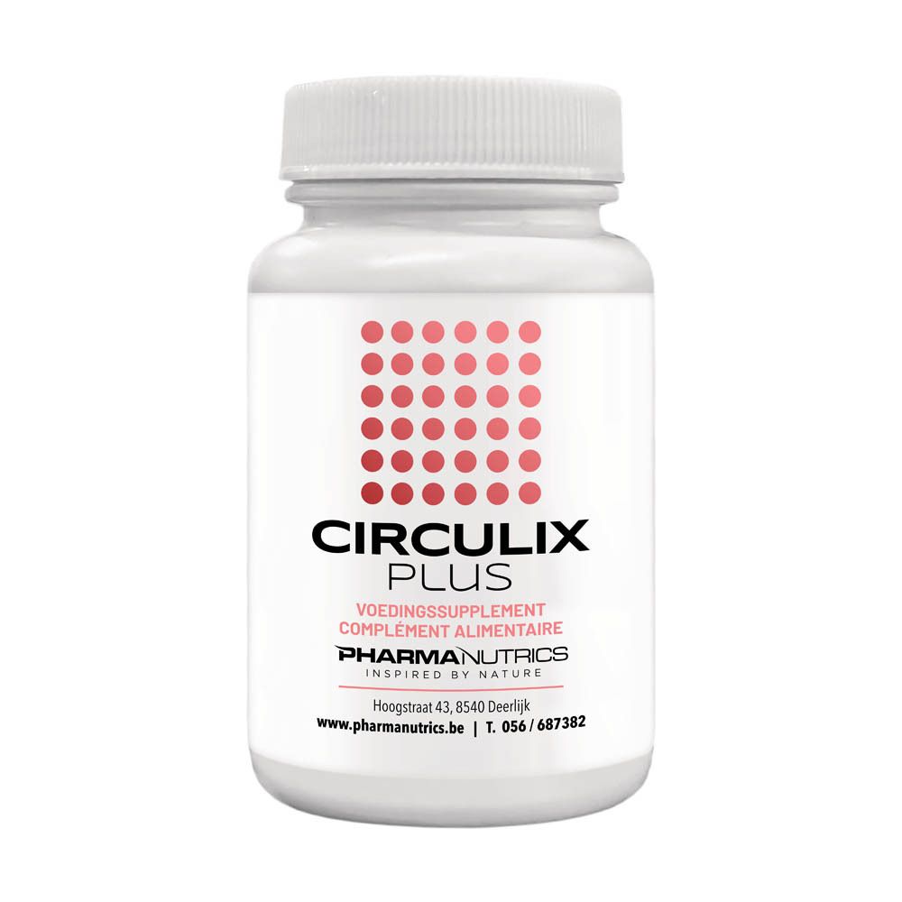 Flacon blanc PharmaNutrics Circulix Plus. Motif de cercles rouges sur l'étiquette. Informations.