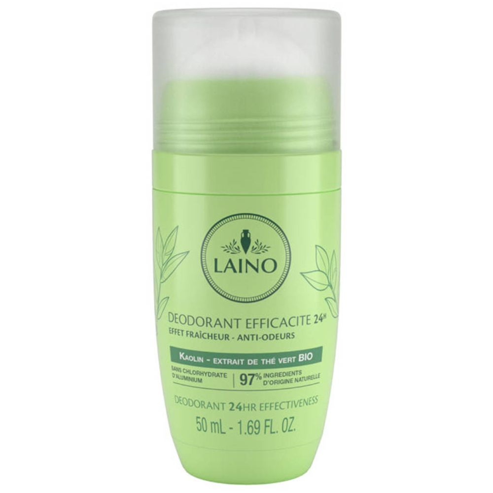 Roll-on déodorant vert avec bouchon blanc. Inscription: Laino, Efficacité 24h, Thé vert bio. 50 ml.
