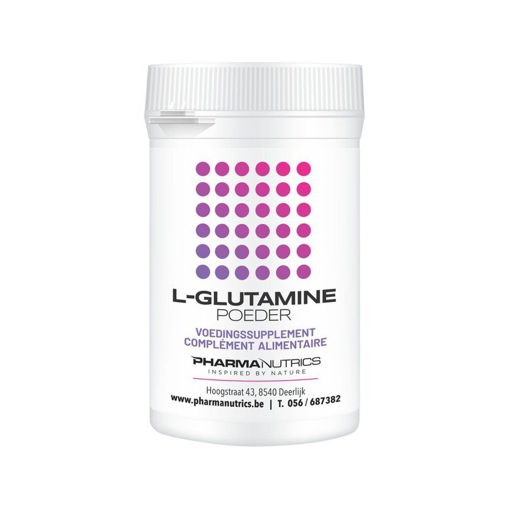 Boîte de poudre L-Glutamine PharmaNutrics, avant avec points rose-violet et informations produit.