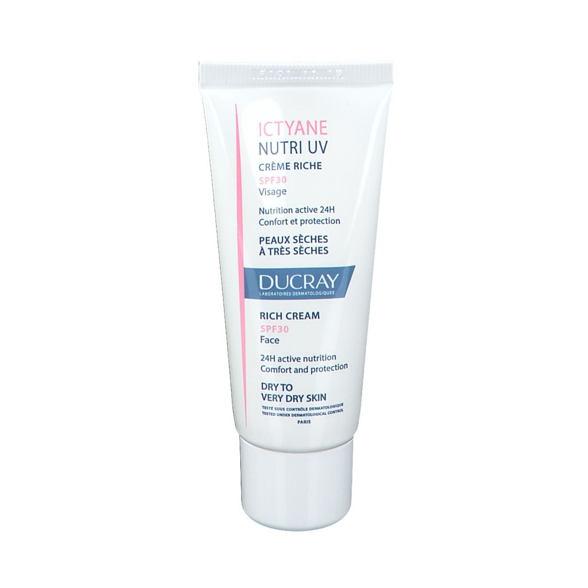 Tube blanc ICTYANE Nutri UV, crème, SPF 30. Pour peaux sèches à très sèches.