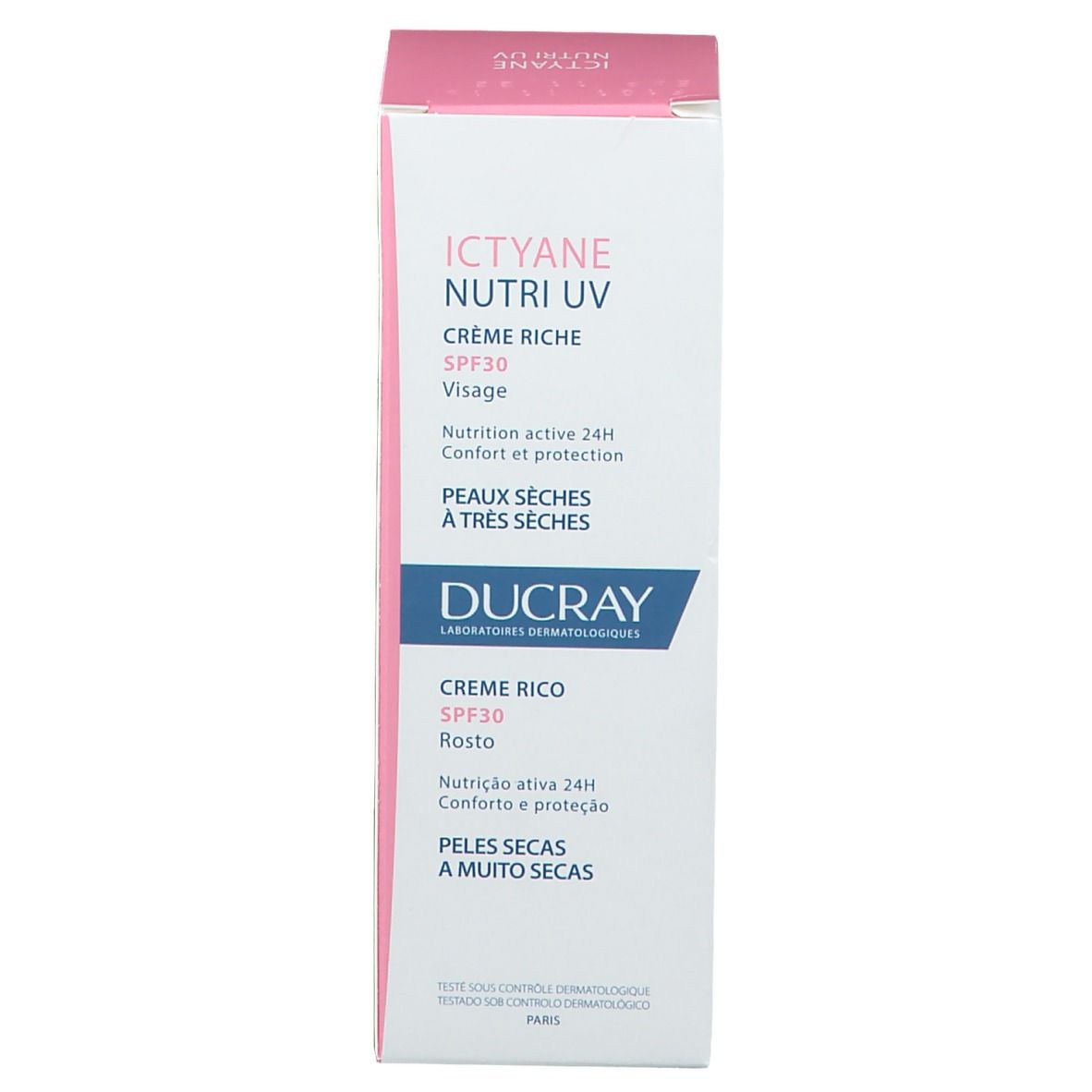 Emballage produit avec texte. Inscription : ICTYANE Nutri UV, crème, SPF 30. Pour peaux sèches.