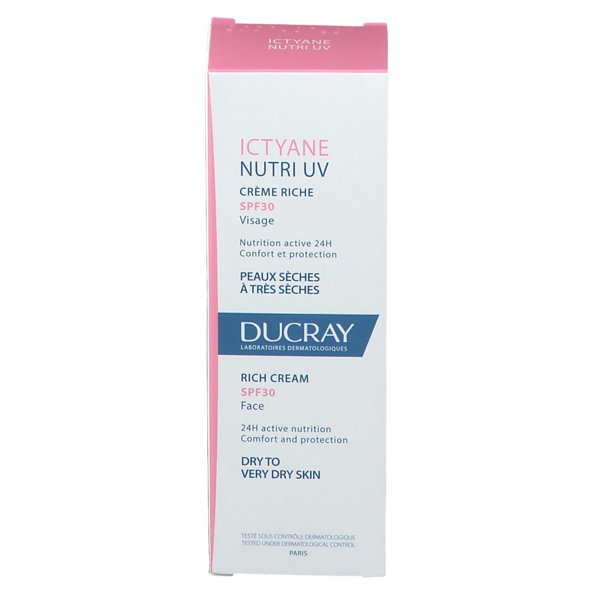 Emballage produit avec texte. Inscription : ICTYANE Nutri UV, crème, SPF 30. Pour peaux sèches.