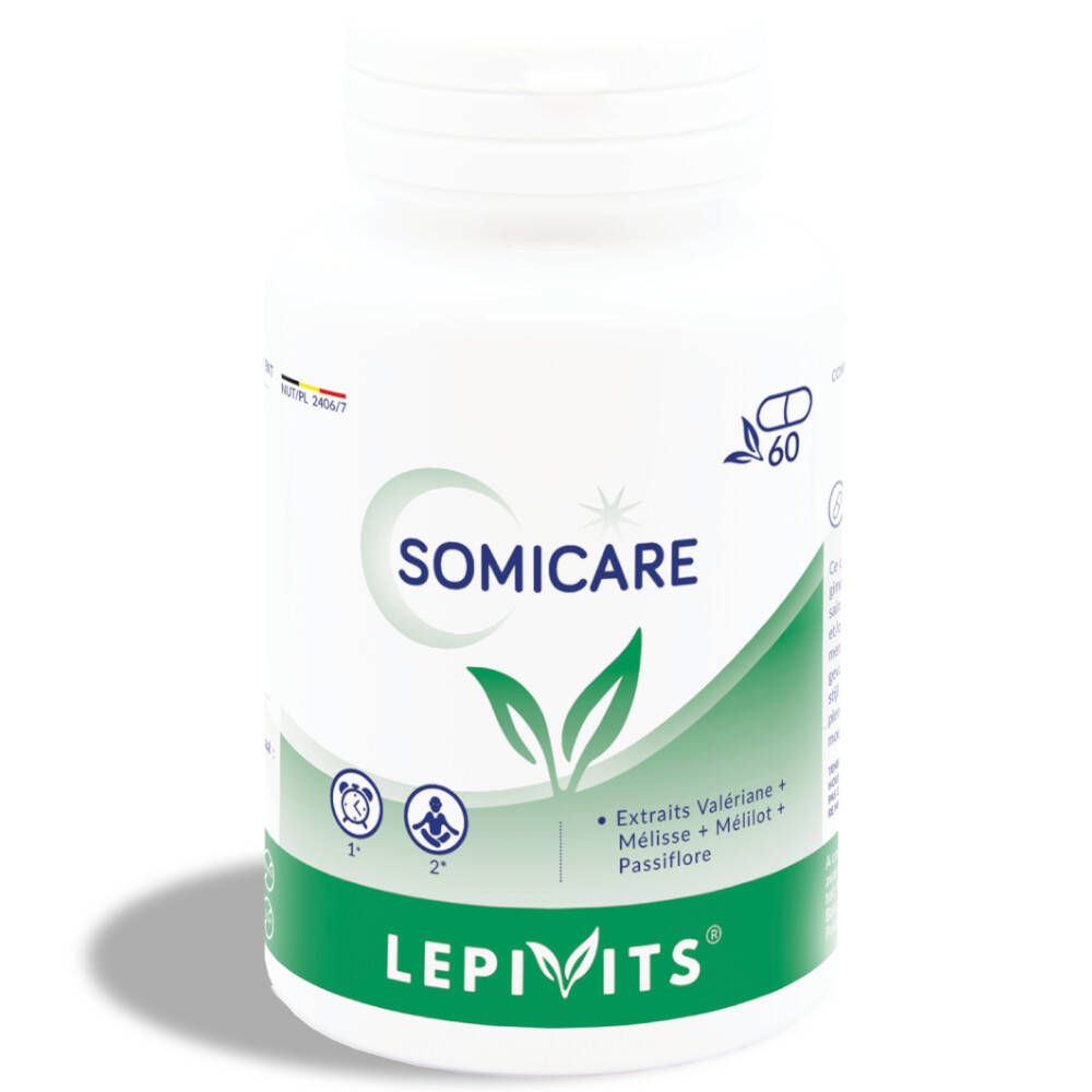 Flacon blanc avec 'Somicare' et 'LEPIVITS'. Contient 60 gélules. Étiquette verte et blanche avec illustration de plantes.
