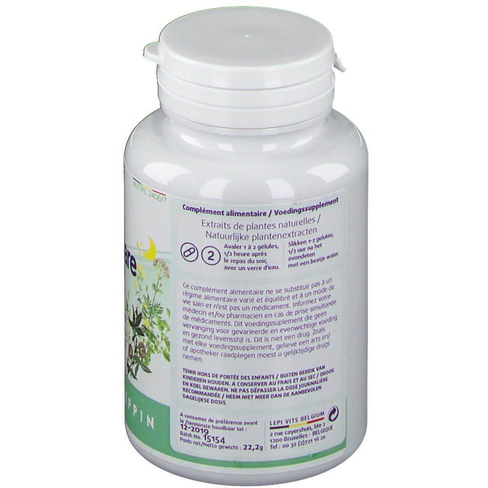 Dos du flacon blanc. Texte multilingue. Contient des informations sur les compléments alimentaires et les extraits de plantes.