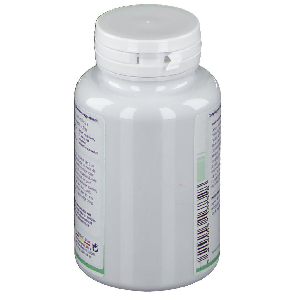 Vue latérale du flacon blanc. Texte et code-barres sur l'étiquette. Informations sur les compléments alimentaires.