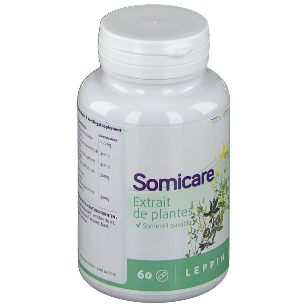 Flacon blanc avec 'Somicare' et 'Extrait de plantes'. Contient 60 gélules. 'LEPPIN' en bas.