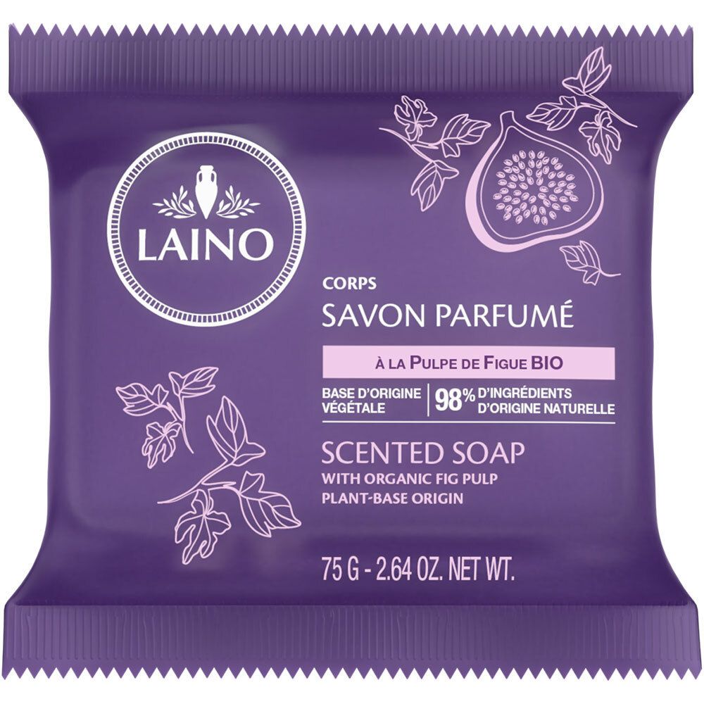 Savon violet emballé. Logo "LAINO", "SAVON PARFUMÉ" et illustration de figue. "98% d'ingrédients d'origine naturelle".