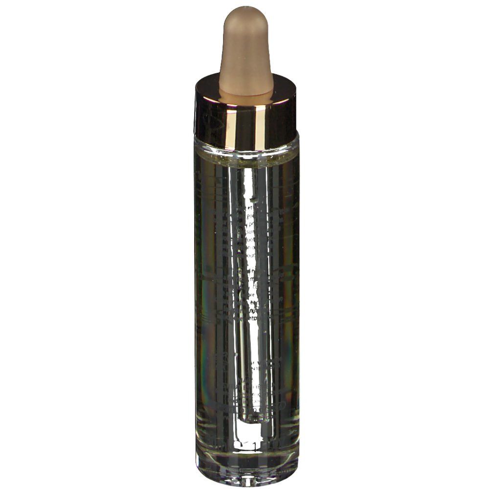 Flacon en verre transparent avec bouchon et pipette dorés. Étiquette du produit avec texte.