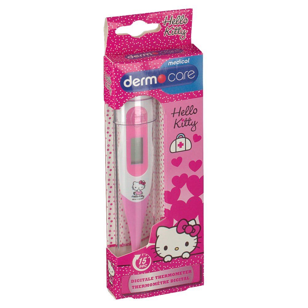 Thermomètre numérique rose dans son emballage. Visible: Hello Kitty, Dermo Care, thermomètre numérique, design flexible.