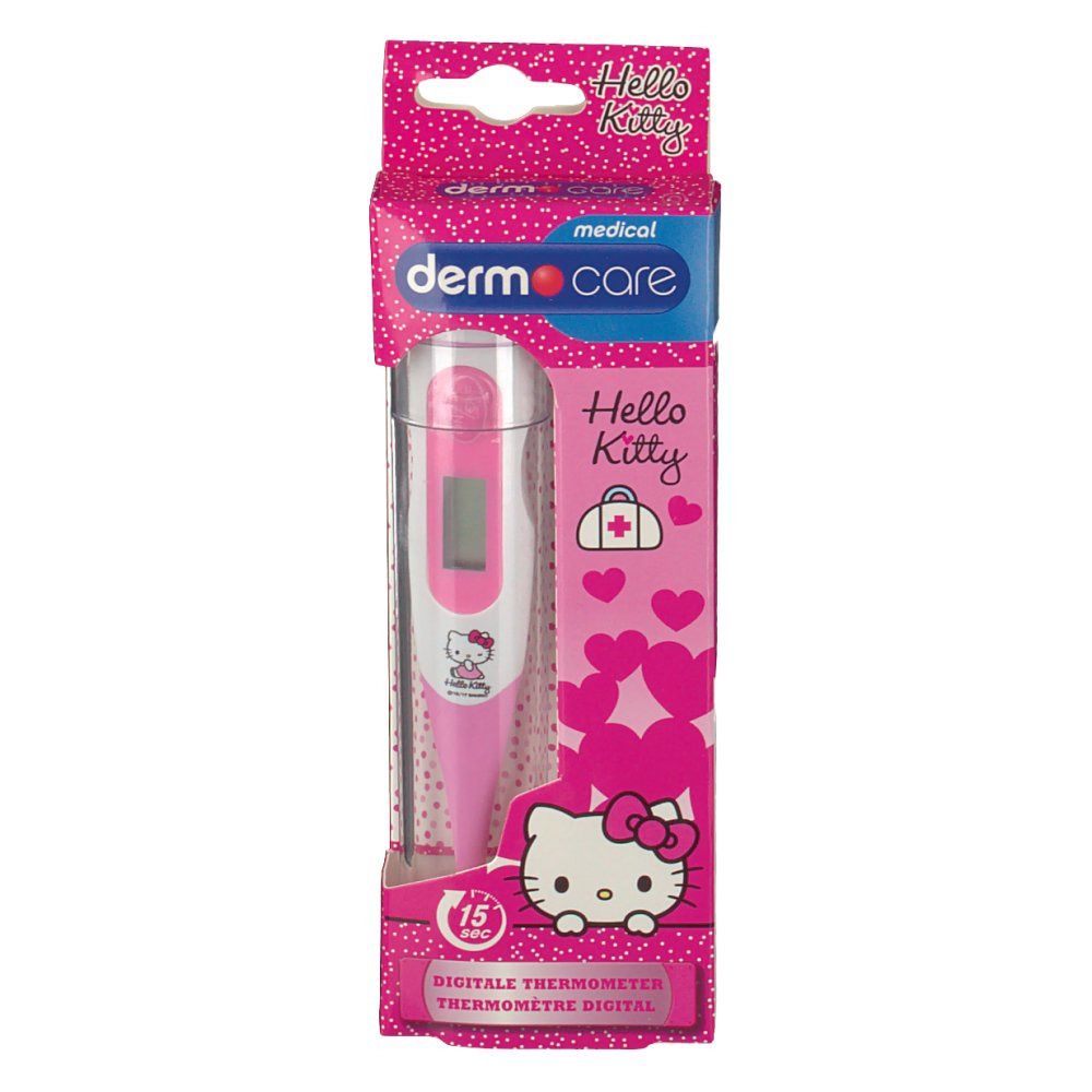 Thermomètre numérique rose dans son emballage. Visible: Hello Kitty, Dermo Care, thermomètre numérique, design flexible.