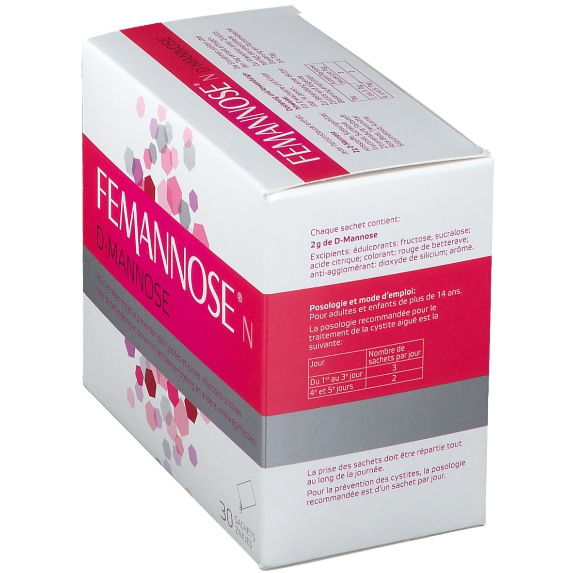 Boîte "Femannose N" et "D-Mannose". 30 sachets. Emballage rose et blanc. Texte avec informations de dosage.