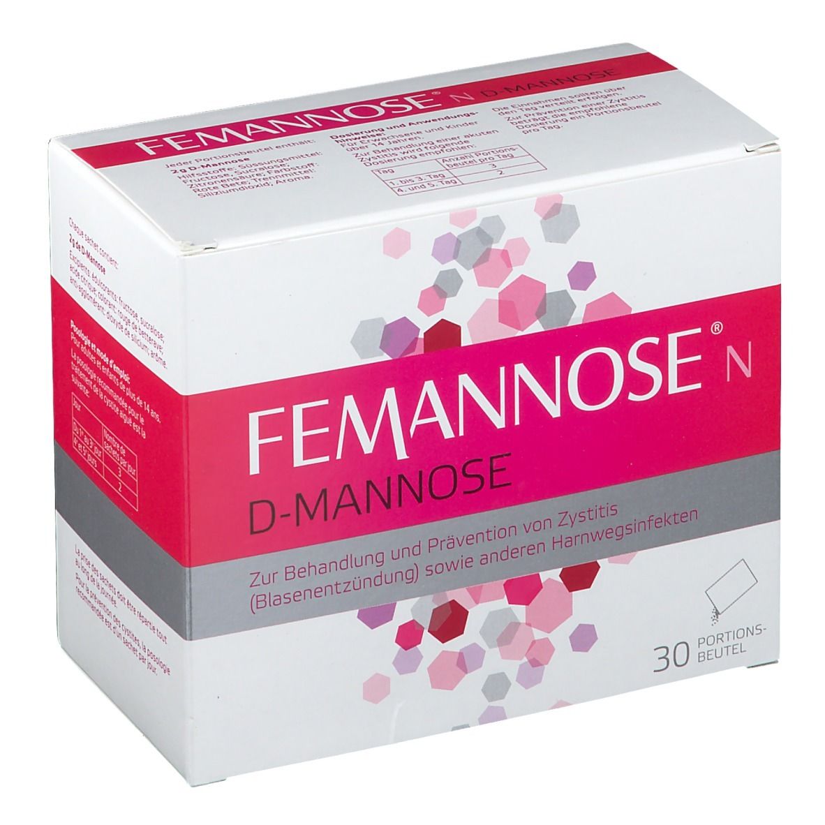 Boîte "Femannose N" et "D-Mannose". 30 portions. Emballage rose et blanc. Texte sur le traitement de la cystite.