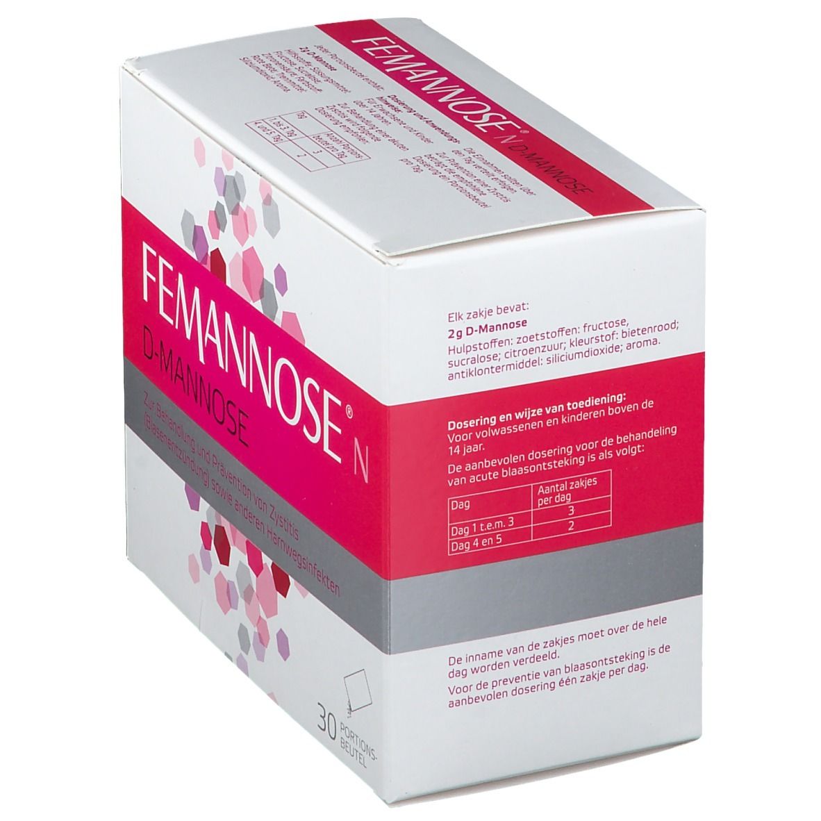 Boîte "Femannose N" et "D-Mannose". 30 sachets. Emballage rose et blanc. Texte avec instructions de dosage.