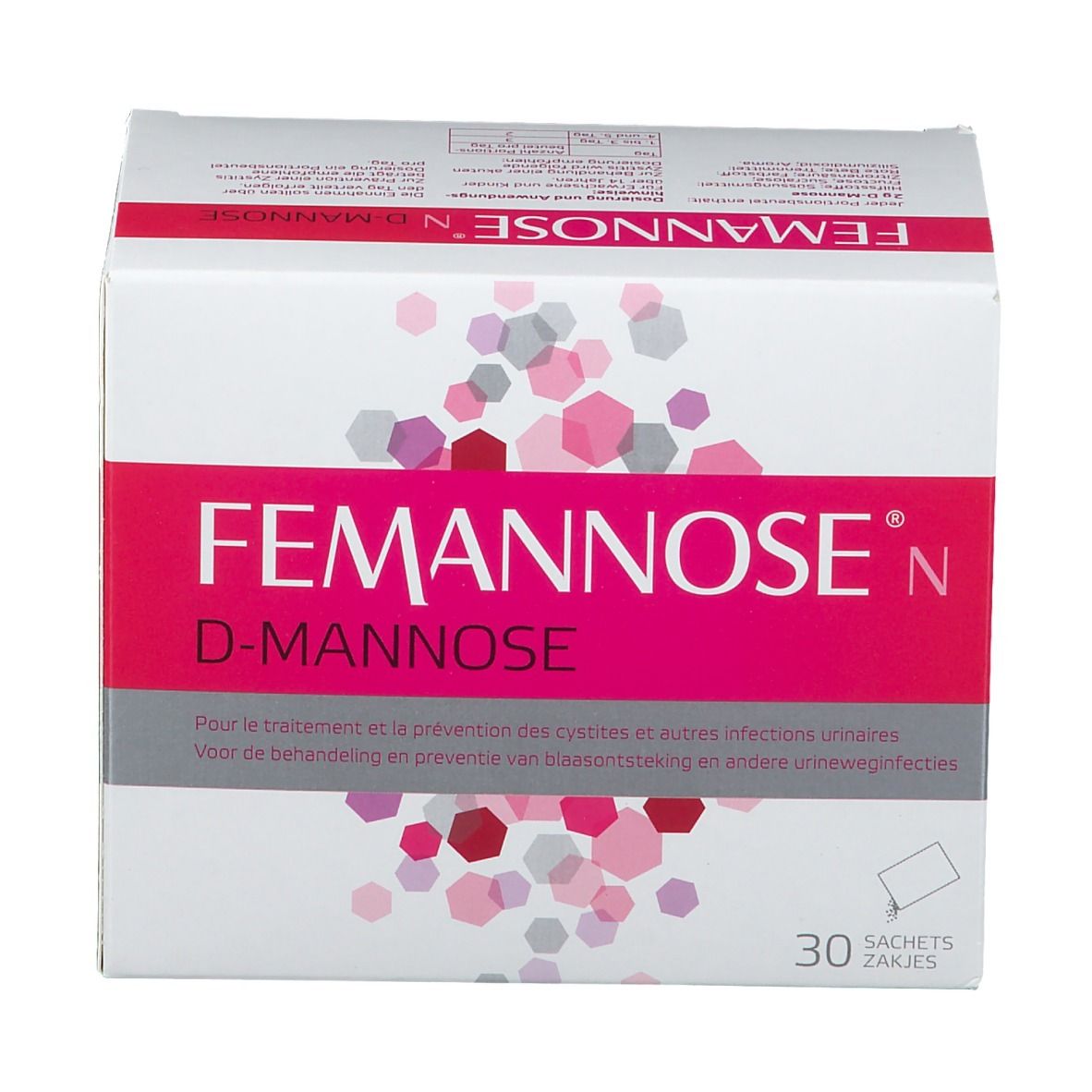 Boîte "Femannose N" et "D-Mannose". 30 sachets. Emballage rose et blanc. Texte en français et néerlandais.