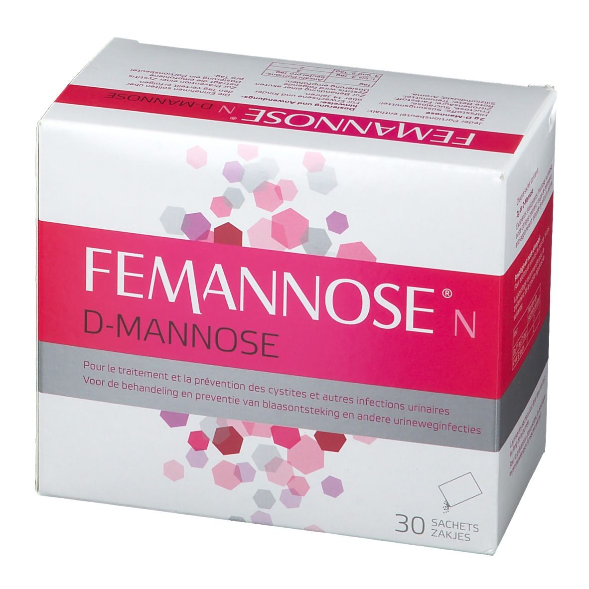 Boîte "Femannose N" et "D-Mannose". 30 sachets. Emballage rose et blanc. Vue du produit.