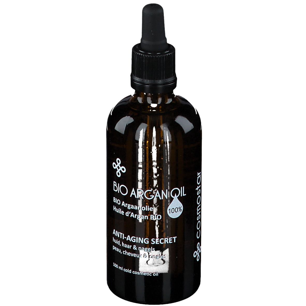 Flacon en verre brun avec pipette. Inscription : BIO ARGAN OIL, Anti-Aging Secret. Logo et texte : Cosmostar.