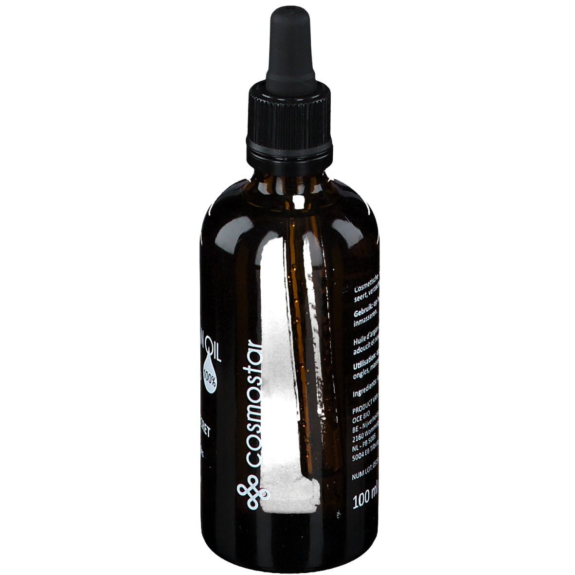 Flacon en verre brun avec pipette. Inscription : Cosmostar. Étiquette avec texte. 100%.