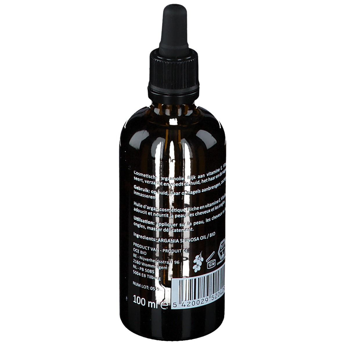 Flacon en verre brun avec pipette. Étiquette avec texte et code-barres. 100 ml.