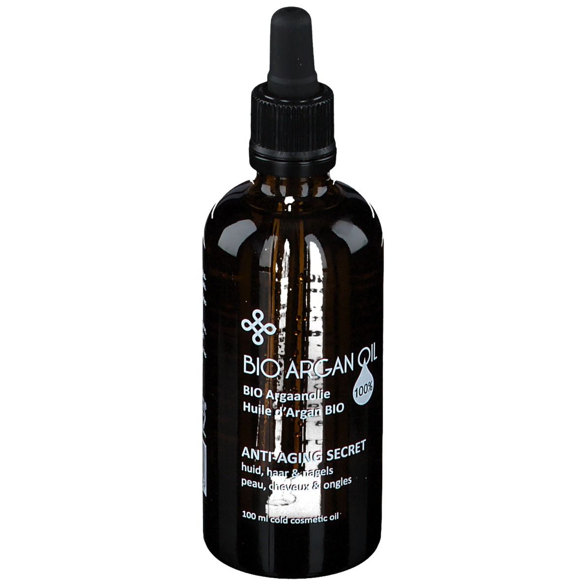 Flacon en verre brun avec pipette. Inscription : BIO ARGAN OIL, Anti-Aging Secret. Logo et texte : Cosmostar.