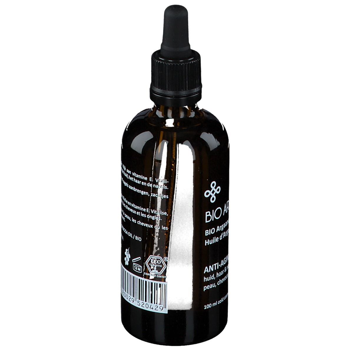 Flacon en verre brun avec pipette. Étiquette avec texte, code-barres et logo. 100 ml.