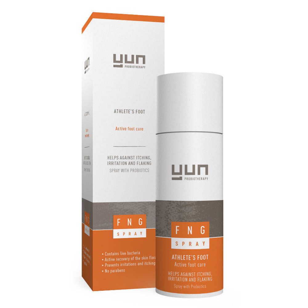 YUN FNG Spray, flacon blanc avec étiquette orange. Texte: Athlete's Foot, aide contre les démangeaisons et la desquamation.