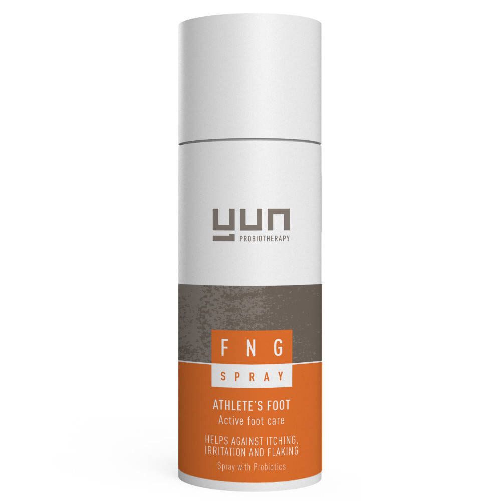 YUN FNG Spray, flacon pulvérisateur blanc avec étiquette marron et orange. Texte: Athlete's Foot, aide contre les démangeaisons et la desquamation.