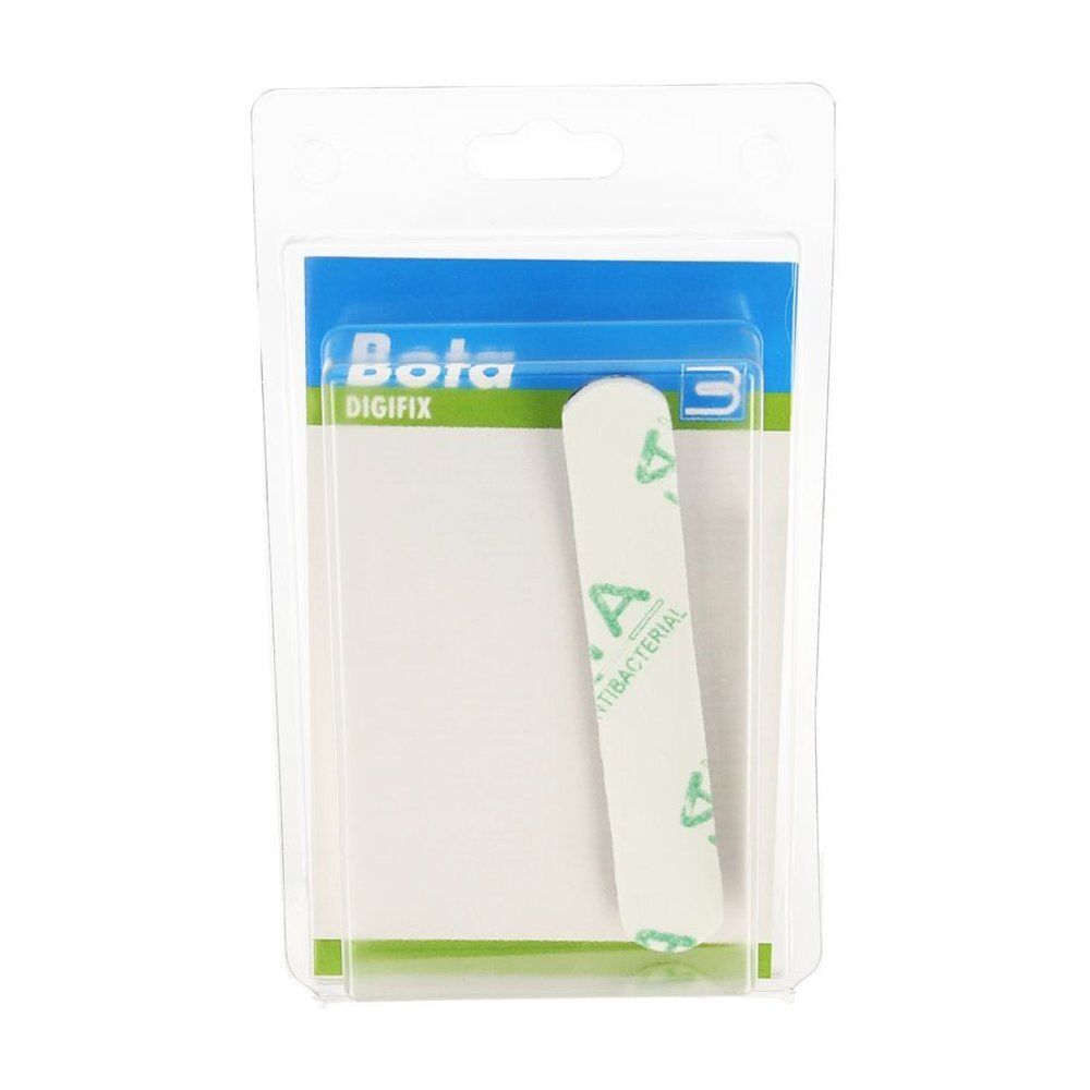 Attelle de doigt Bota Digifix avec autocollant antibactérien. Produit blanc avec impression verte. En emballage blister.