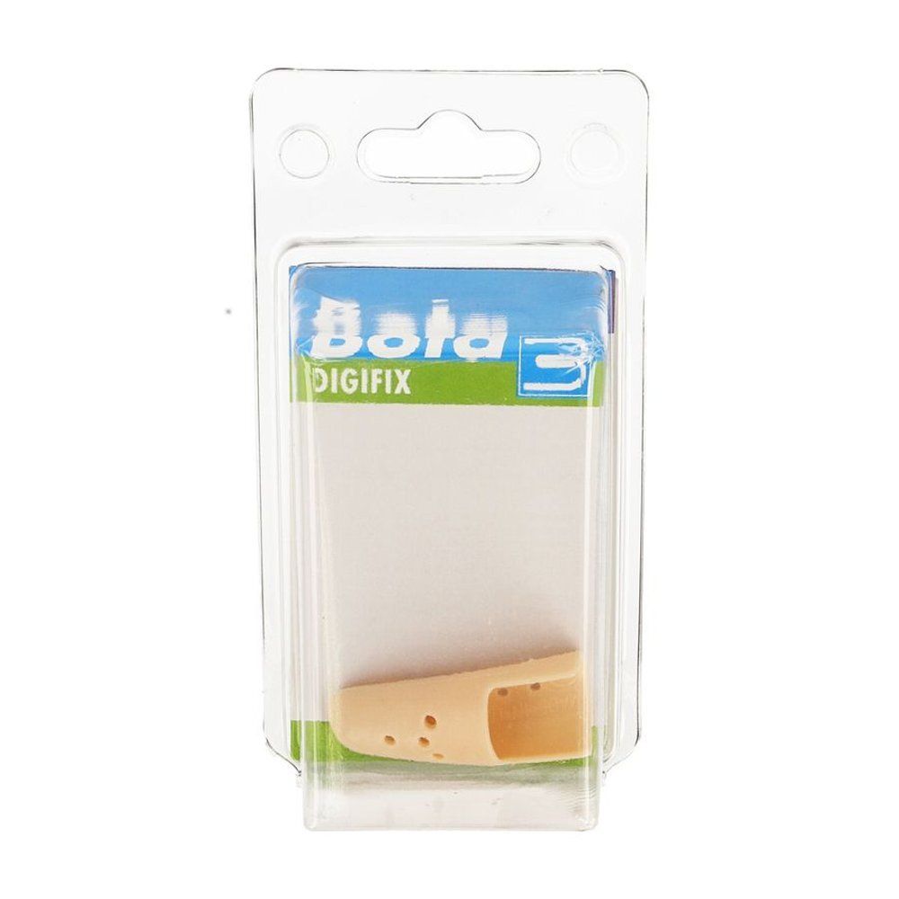 Bota Digifix Fingermallet. Protection de doigt beige dans un emballage blister. Logo Bota et texte digifix sur fond bleu.