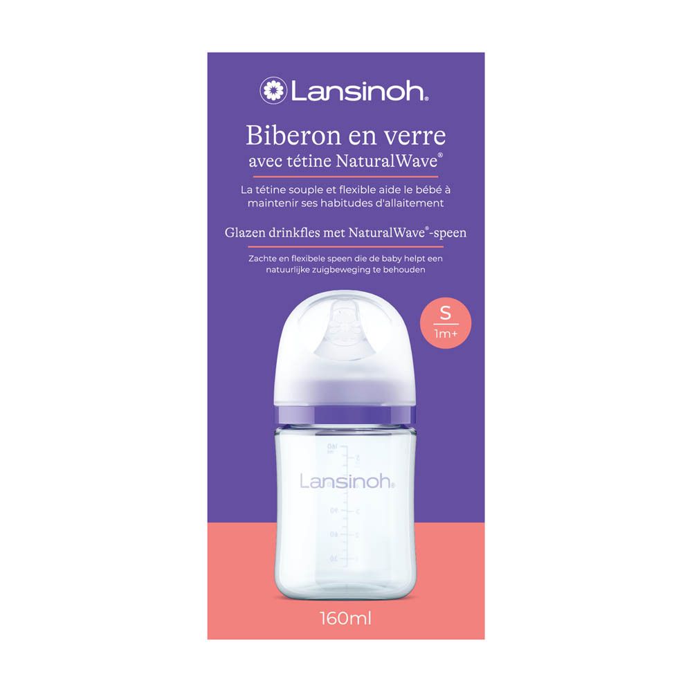 Biberon en verre Lansinoh avec tétine NaturalWave, 160ml.