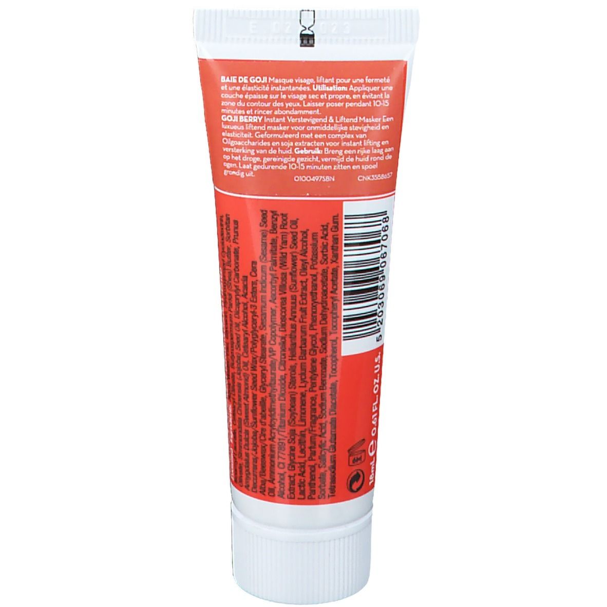 Dos du tube blanc. Texte multilingue, dont Goji Berry, Instant Firming & Lifting. Code-barres.