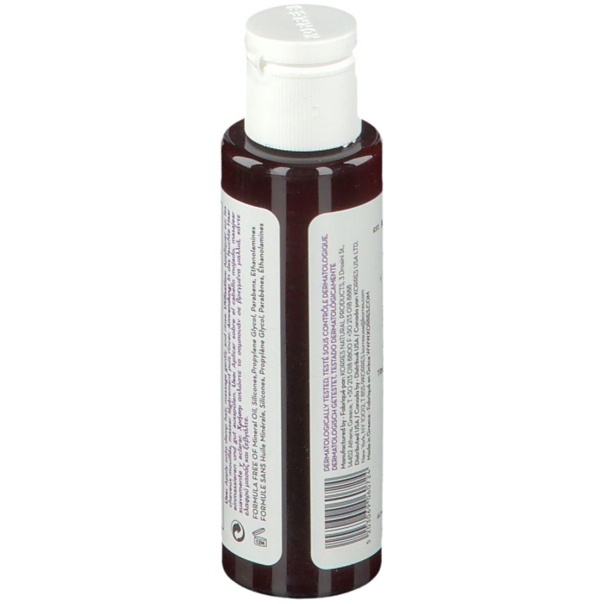 Flacon de shampooing KORRES. Brun, bouchon blanc. Étiquette avec ingrédients, illustration amande et lin.