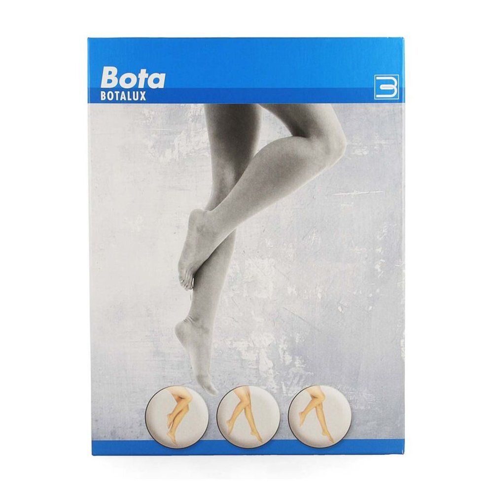 Emballage de bas de maintien Bota BOTALUX. Image de jambes. Nom du produit et détails sur l'emballage.