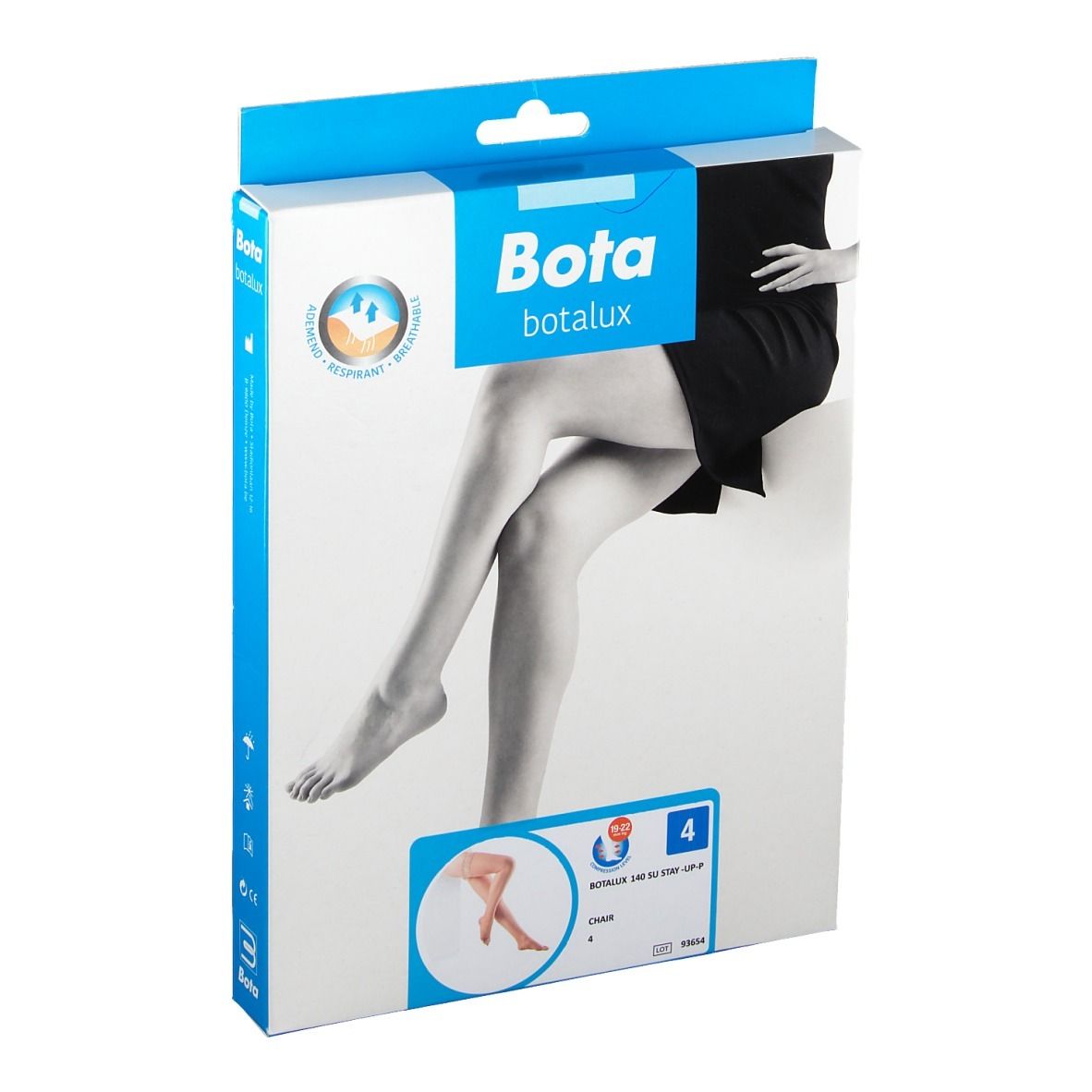 Emballage Bota BOTALUX 140 SU Stay-Up Taille 4. Face avant avec image de jambe et logo du produit.