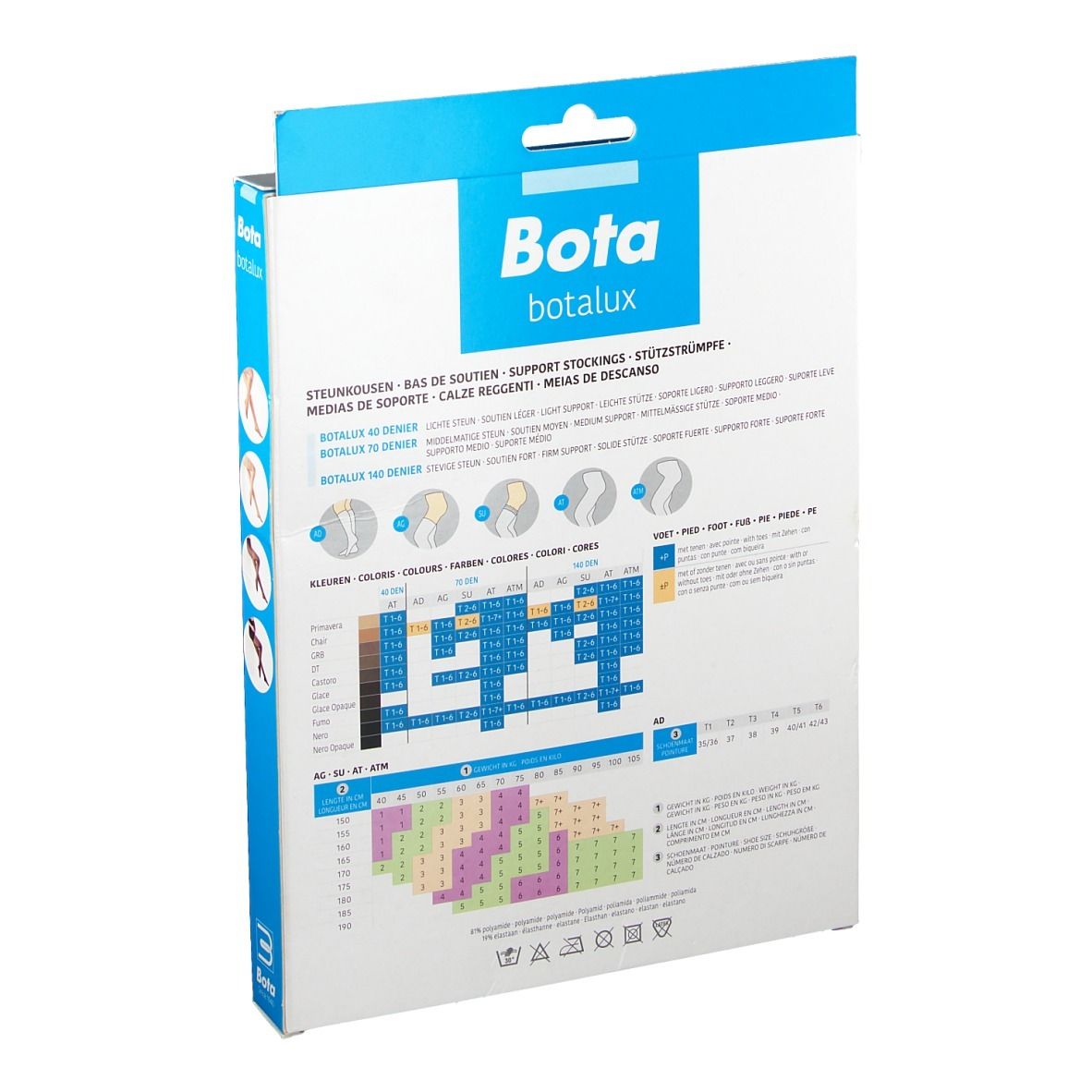 Dos de l'emballage Bota BOTALUX 140 SU Stay-Up. Informations produit, tableau des tailles et logos.