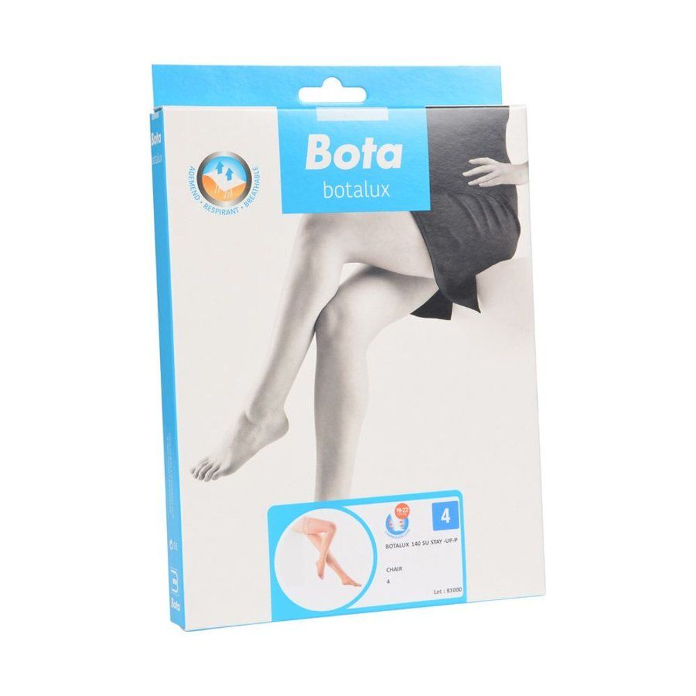 Bota botlux 140 SU Stay-Up Taille 4. Emballage avec image de jambes. Emballage bleu et blanc avec logo.
