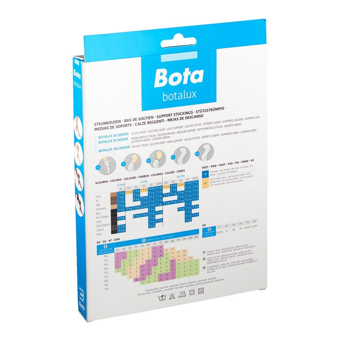 Dos de l'emballage des bas Bota Botalux. Informations sur les tailles et les couleurs. Emballage bleu et blanc.