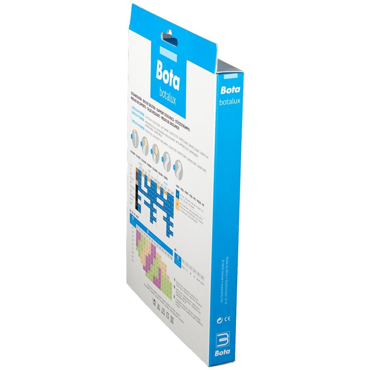 Dos de l'emballage des bas Bota Botalux. Vue latérale. Informations sur les tailles et les couleurs. Emballage bleu et blanc.