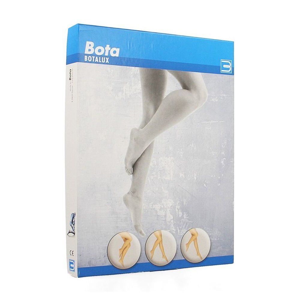 Emballage de bas Bota Botalux. Femme portant des bas. Logo et nom du produit.