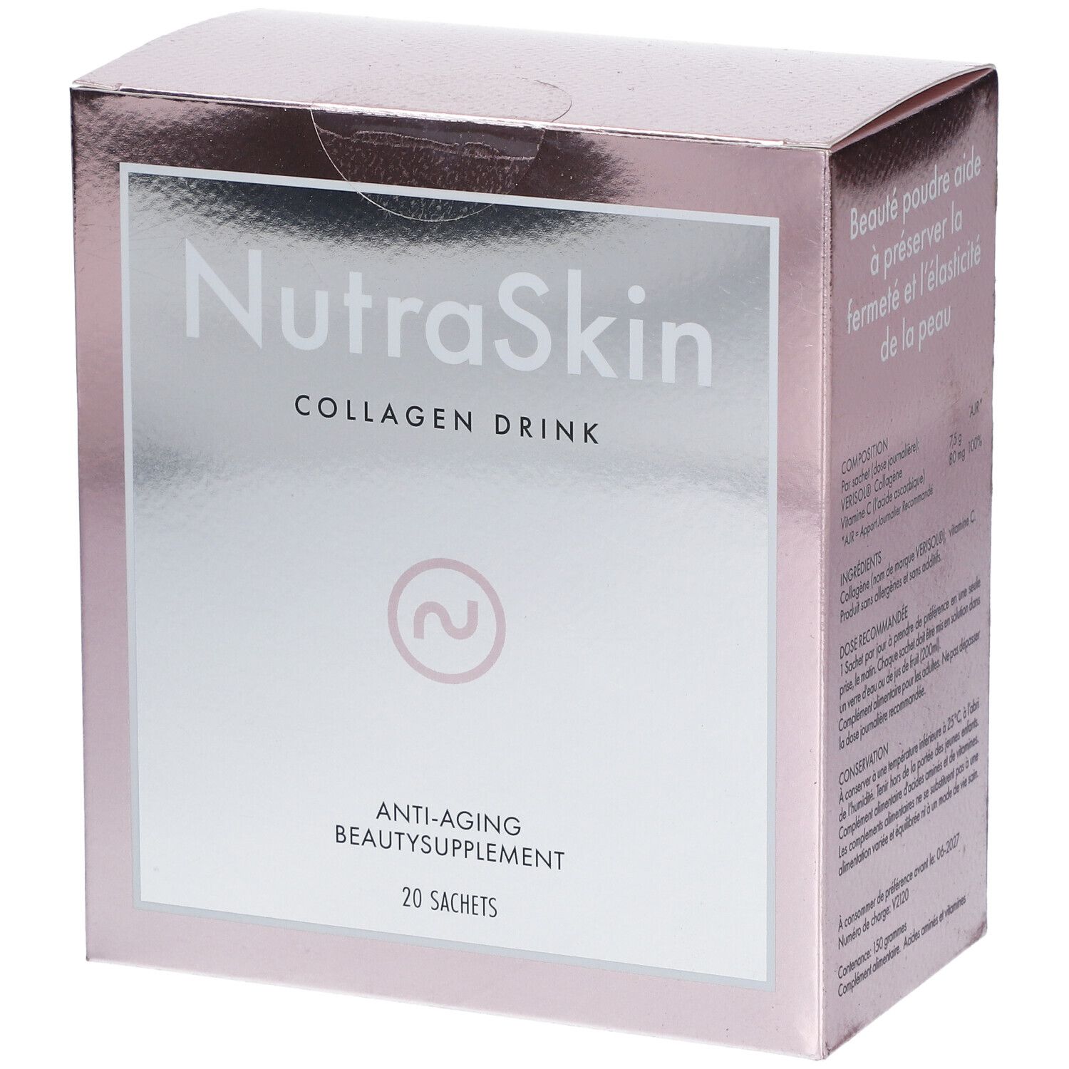 Boîte rose "NutraSkin Collagen Drink". Inscription: Anti-âge, complément de beauté, 20 sachets. Texte en français.