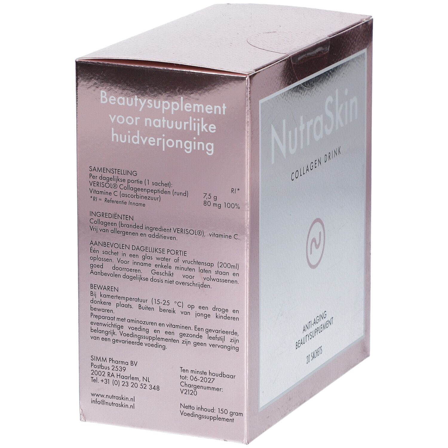 Boîte rose "NutraSkin Collagen Drink". Texte en néerlandais. Inscription: Anti-âge, complément de beauté, 20 sachets.