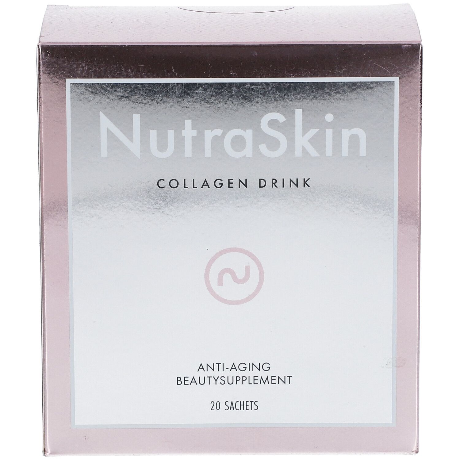 Boîte rose "NutraSkin Collagen Drink". Inscription: Anti-âge, complément de beauté, 20 sachets.