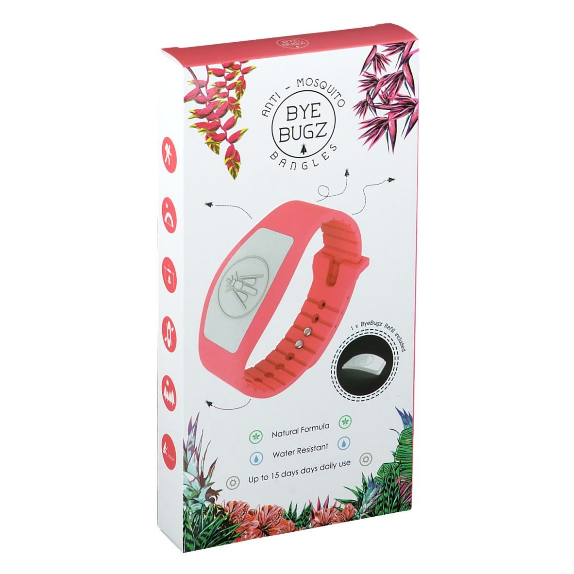 Boîte avec bracelet corail. Inscription ByeBugz Bangles. Contient une recharge. Formule naturelle, résistant à l'eau.