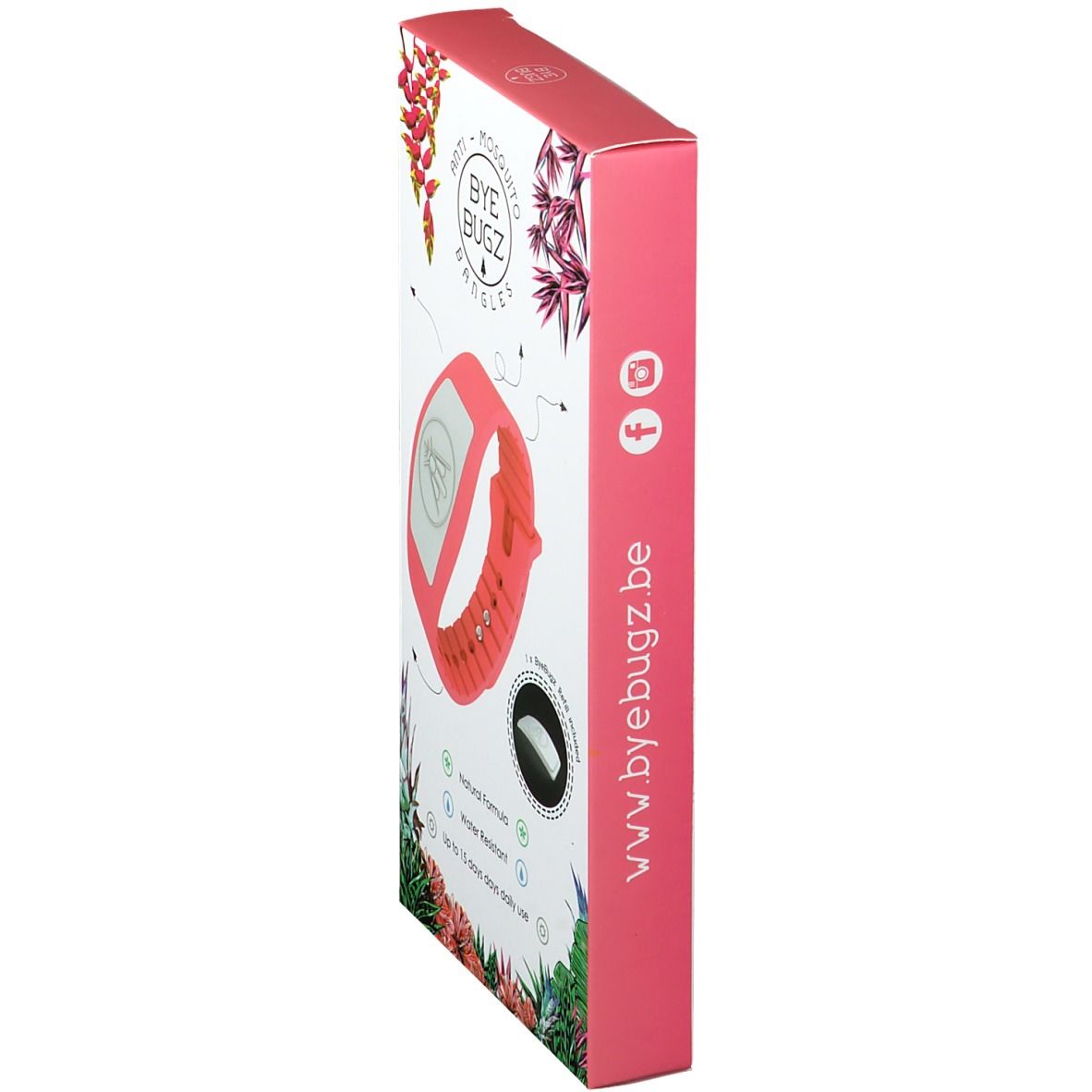 Vue latérale de la boîte. Inscription ByeBugz. Adresse du site web. Bracelet corail. Contient une recharge.