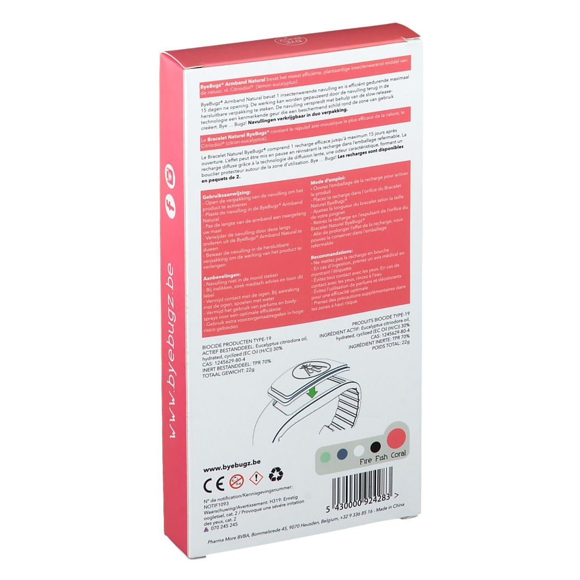 Dos de la boîte. Texte multilingue. Couleurs du produit : Fire Fish Coral. Marquage CE.