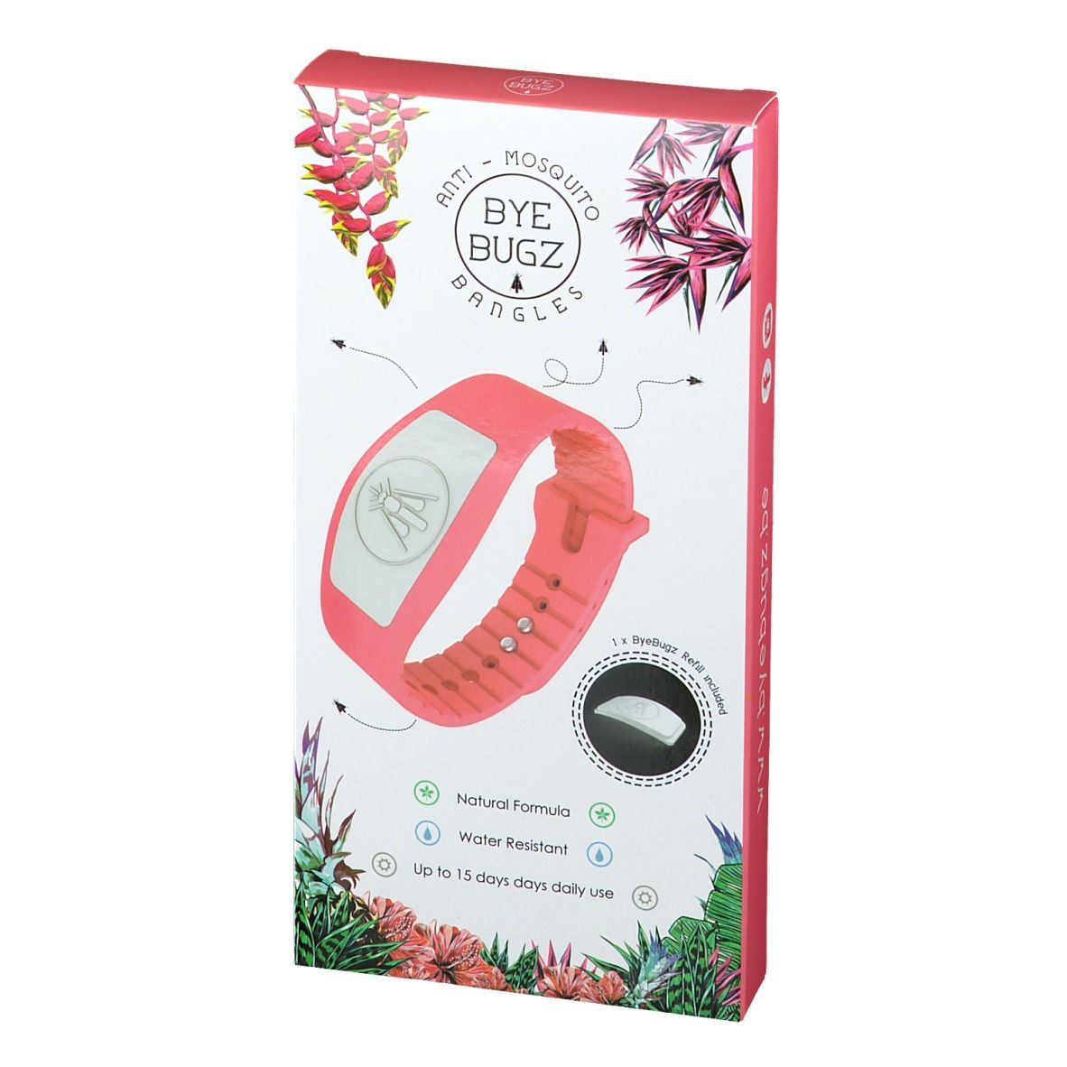 Boîte avec bracelet corail. Inscription ByeBugz Bangles. Contient une recharge. Formule naturelle, résistant à l'eau.