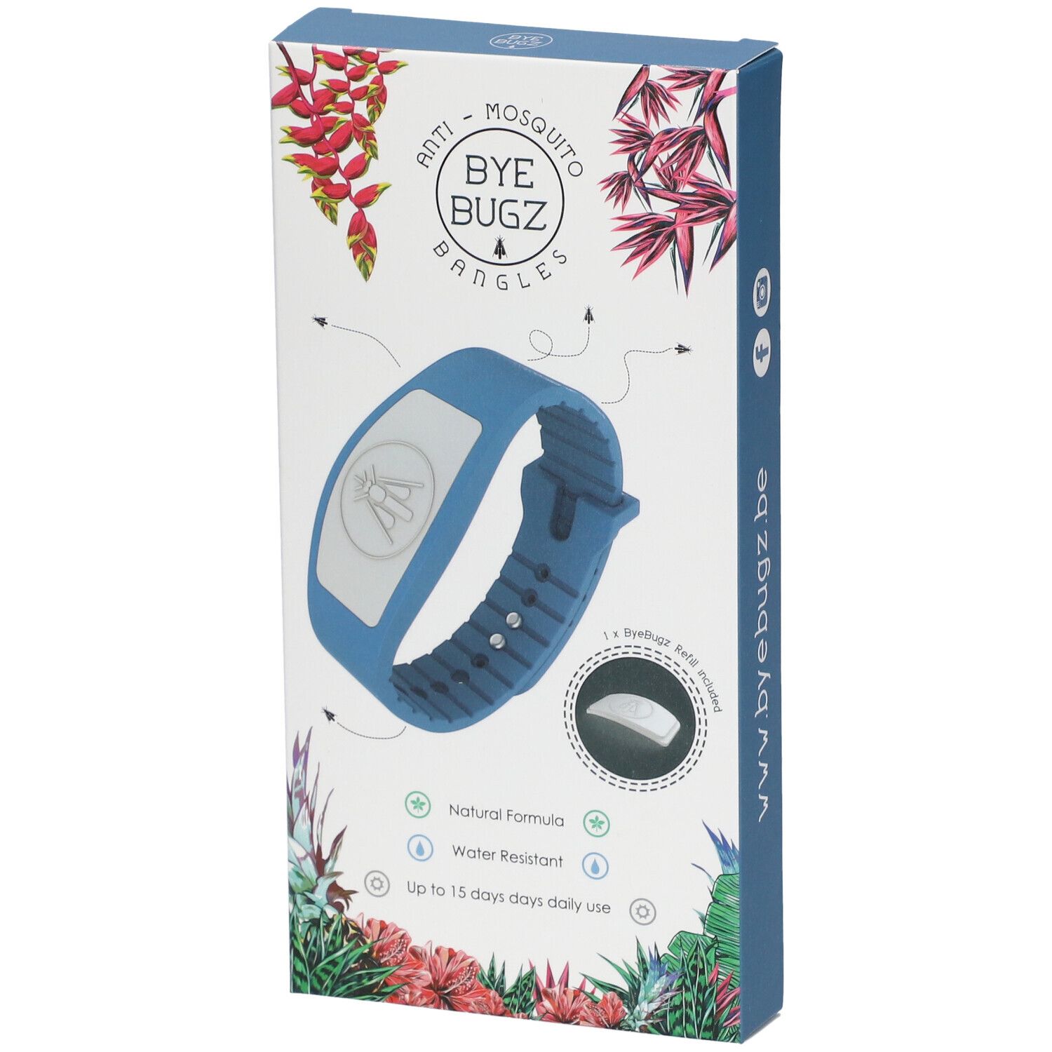 Bracelet bleu avec insert blanc dans l'emballage. Impression : ByeBugz, bracelets anti-moustiques. Formule naturelle, résistant à l'eau, 15 jours.