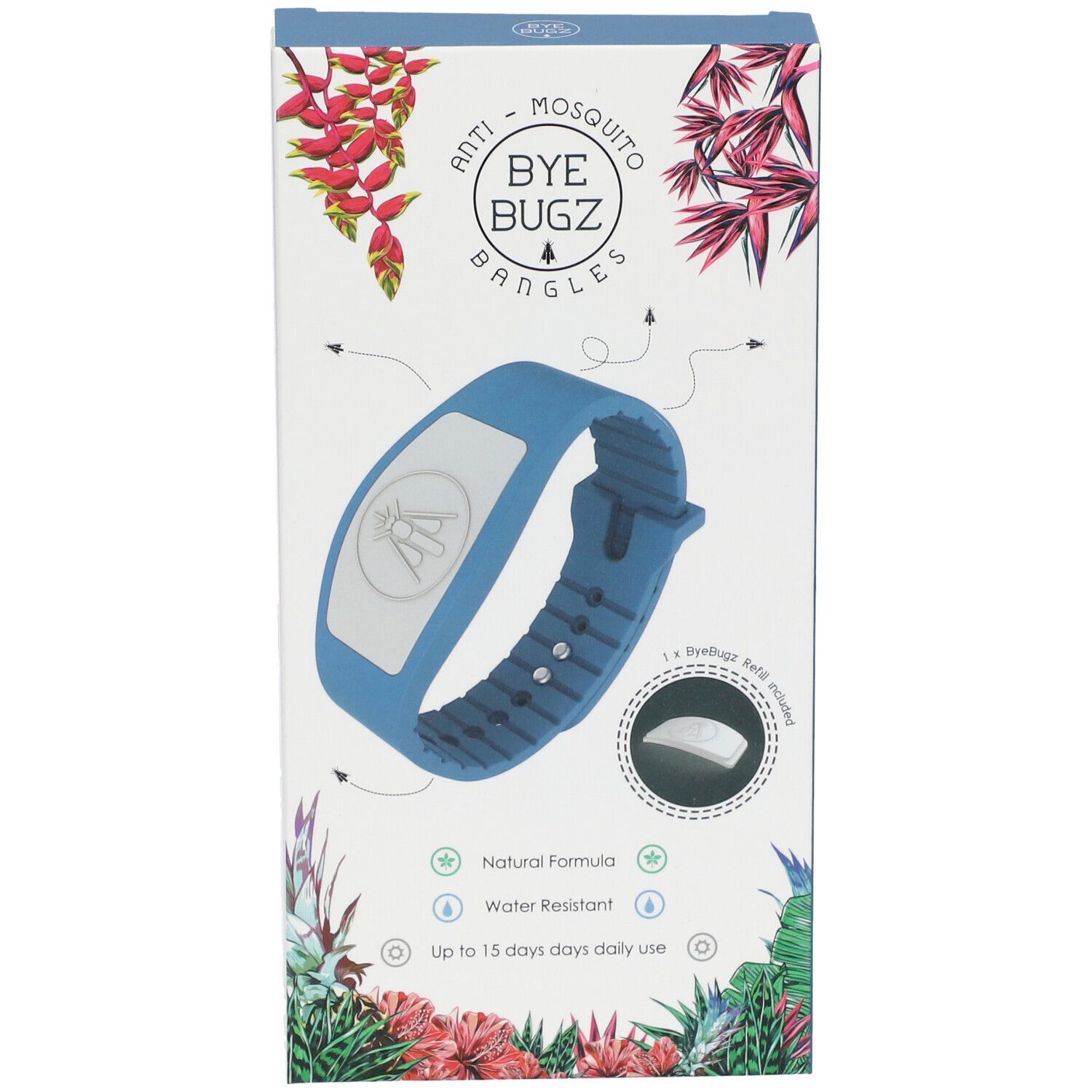 Bracelet bleu avec insert blanc dans l'emballage. Impression : ByeBugz, bracelets anti-moustiques. Formule naturelle, résistant à l'eau, 15 jours.