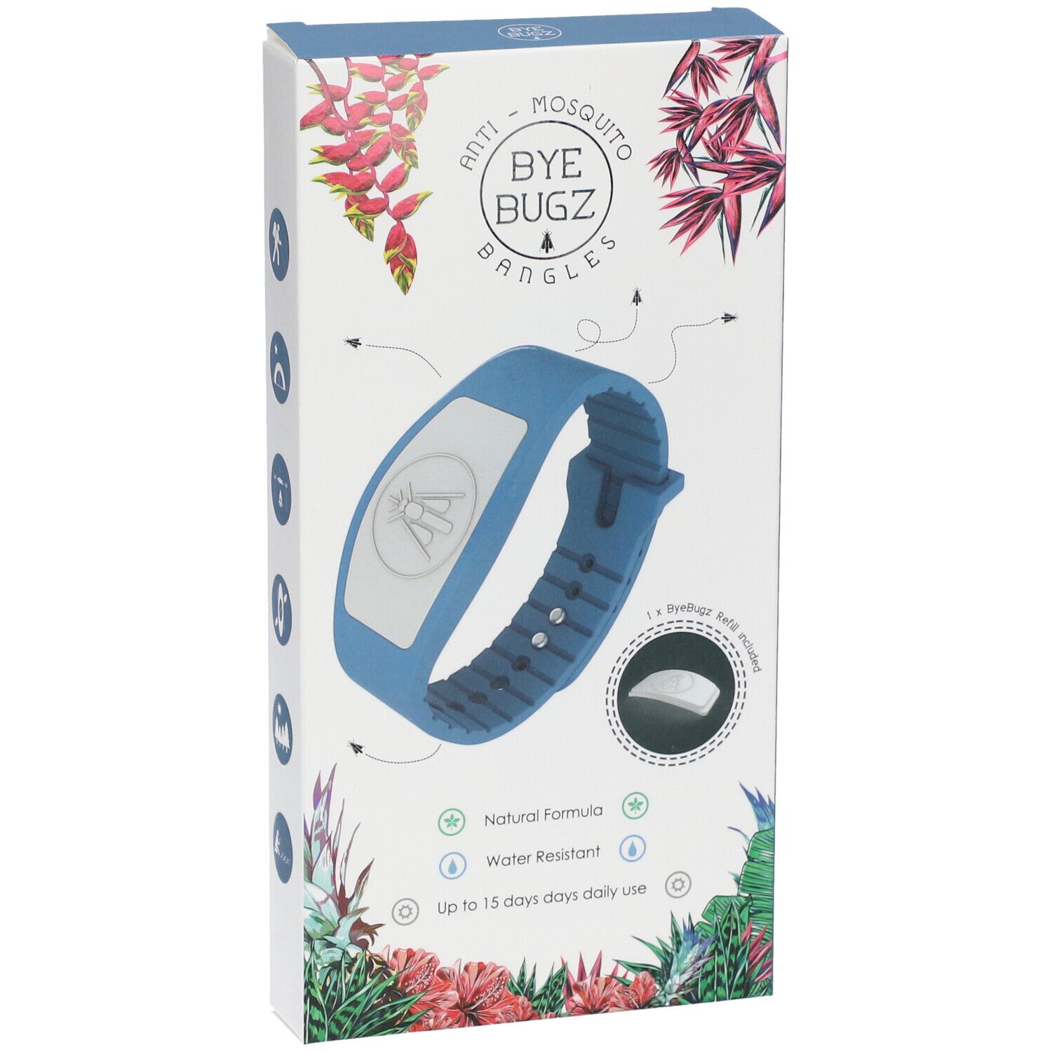 Bracelet bleu avec insert blanc dans l'emballage. Impression : ByeBugz, bracelets anti-moustiques. Formule naturelle, résistant à l'eau, 15 jours.