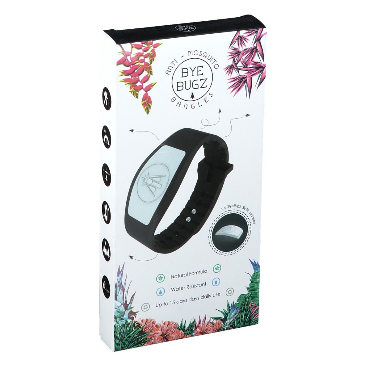 Bracelet noir dans son emballage. Inscription: Anti-Mosquito ByeBugz Bangles. Formule naturelle, résistant à l'eau, jusqu'à 15 jours.