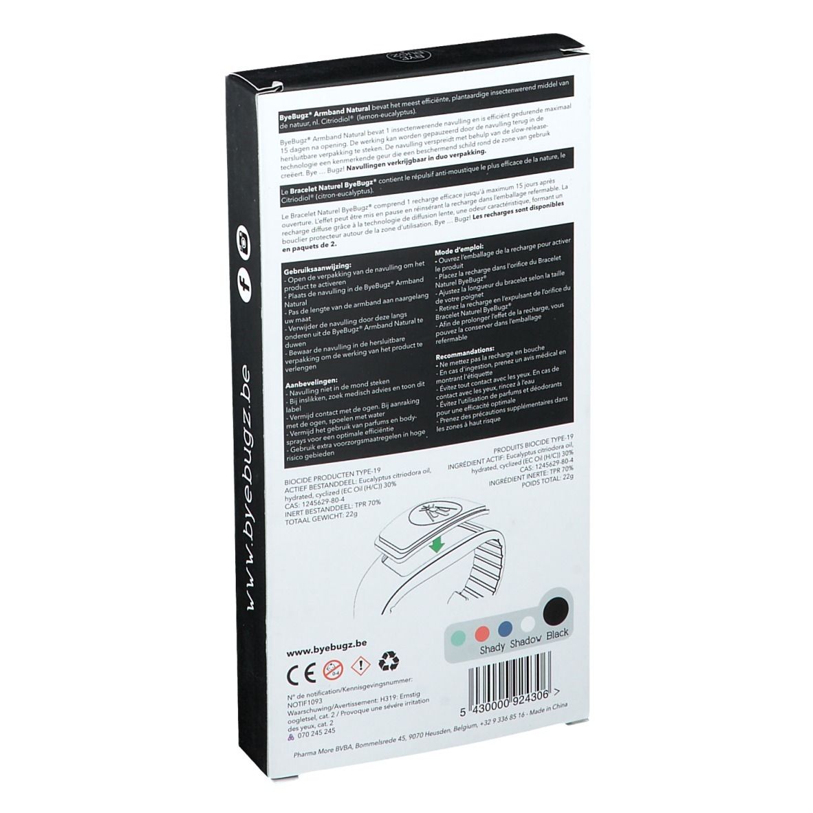 Dos de l'emballage. Texte en allemand, français, néerlandais. Image du produit. Options de couleur : Noir, Shady Shadow, Bleu, Vert.
